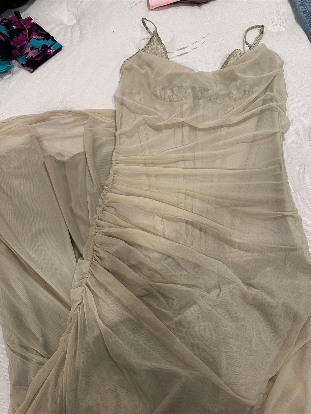 House of CB Sheer Ruched Slip Gown in Light Beige